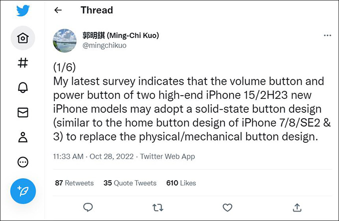 Dòng Tweet của Ming-Chi Kuo liên quan đến sự thay đổi của iPhone 15